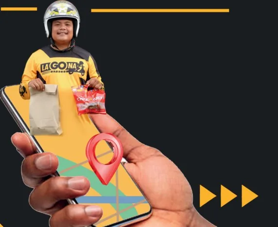 Hand holding a phone with a map pin while a LaGOna rider rises from the screen carrying two orders